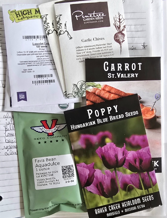 A collection of seed packets spread on a notebook, including Carrot St. Valery, Hungarian Blue Bread Poppy, Fava Bean Aquadulce from Victory Seed Company, Garlic Chives from Pinetree Garden Seeds, and an organic leek variety from High Mowing Organic Seeds.