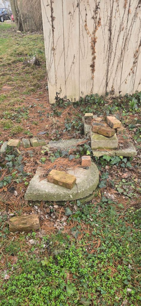 Various sized bricks, paving stones, piled and overgrown with English Ivy.
